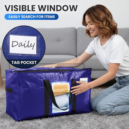 TAILI 10 Pack Dark Blue Extra Large Moving Bags, Heavy Duty Totes with Visible Window, Wrap Around Handles, Great for Space-Saving - color: Dark Blue, size: 10 Large