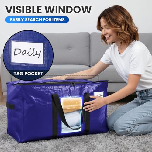 TAILI 12 Pack Dark Blue Extra Large Moving Bags, Heavy Duty Totes with Visible Window, Wrap Around Handles, Great for Space-Saving - color: Dark Blue, size: 12 Large