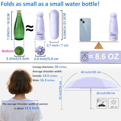 BAODINI Travel Essentials Mini Umbrella for Purse With Case Small Compact UV Sun Protection Lightweight Tiny Pocket Manual Open Close Umbrella for Women Kids and Men Fits Purse Backpack - color: B-Light Purple
