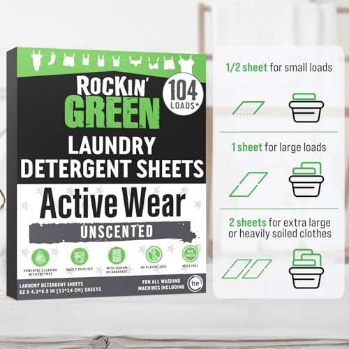 Rockin' Green Active Wear Travel Laundry Detergent Sheets Unscented - Mess-Free Laundry Sheets Detergent with Sodium Bicarbonate - Easily Dissolvable Laundry Soap for Traveling (104 Loads) - size: 104 Loads