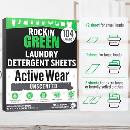 Rockin' Green Active Wear Travel Laundry Detergent Sheets Unscented - Mess-Free Laundry Sheets Detergent with Sodium Bicarbonate - Easily Dissolvable Laundry Soap for Traveling (104 Loads) - size: 104 Loads