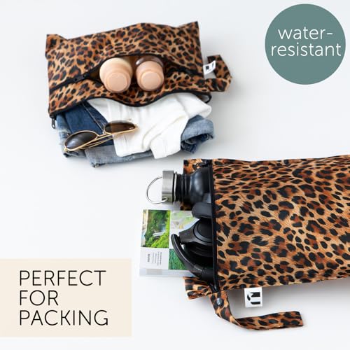 Bumkins Roamio Waterproof Wet Bag & Wet/Dry Clutch Set – Reusable Travel Organizers for Swim, Beach, Gym, Baby Gear, Cloth Diapers, Pump Parts, Pool, Toiletries – Machine Washable, Leopard 2-Pack - color: R-Leopard Print, 2pc