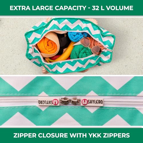 Beach Bag and Pool Bag Has Cooler Pocket, 7 Pockets Total, Zip Top. Family Size Waterproof Beach Tote - color: Turquoise Green Turtle
