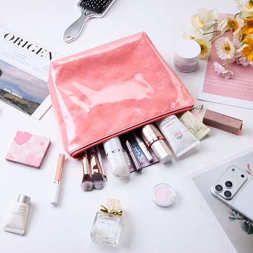 WLLWOO PVC Waterproof Makeup Bag Kraft Paper Cosmetic Bag Travel Toiletry Zipper Pouch Organizer for Women Purse - color: PVC-Pink