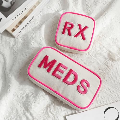 RSRSLEII 2Pcs Small Canvas Rx MEDS Medicine Packages, Cute Chenille Letter Patch Drug Makeup Bag with Metal Zipper, Mini Travel First Aid Purse Organizer Machine Washable (06 2pcs Hot Pink) - color: 06 2pcs Hot Pink