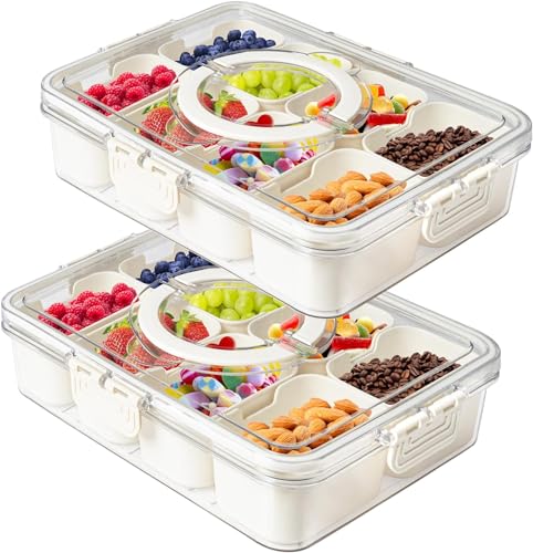 2Pack Divided Veggie Tray with Lid and Handle 8 Compartment Serving Tray with Dividers Portable Travel Snack Containers Stackable Snackle Box Charcuterie Container for Fruit,Vegetable,Salad - size: 2 Pack-8 Compartment
