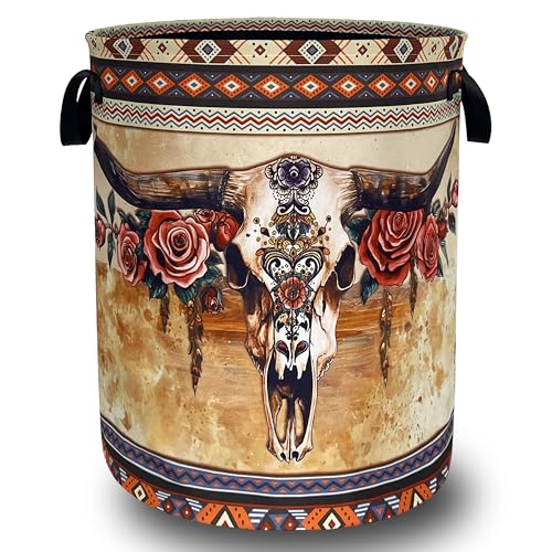 Boho Longhorn Cattle Skull Laundry Basket Oxford Cloth Tribal Laundry Hamper With Handle Foldable Portable Clothes Storage Basket Funny Laundry Bag 18.9"x16.5" For Laundry Room/Bedroom/Bathrooms - color: Boho Longhorn Cattle Skull Tribal