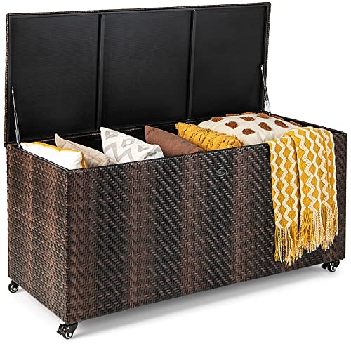 Tangkula 96 Gallon Deck Box, PE Wicker Outdoor Storage Box with 4 Wheels and Waterproof Liner, Outdoor Rectangular Storage Container for Cushions, Garden Tools (Mix Brown) - color: Mix Brown