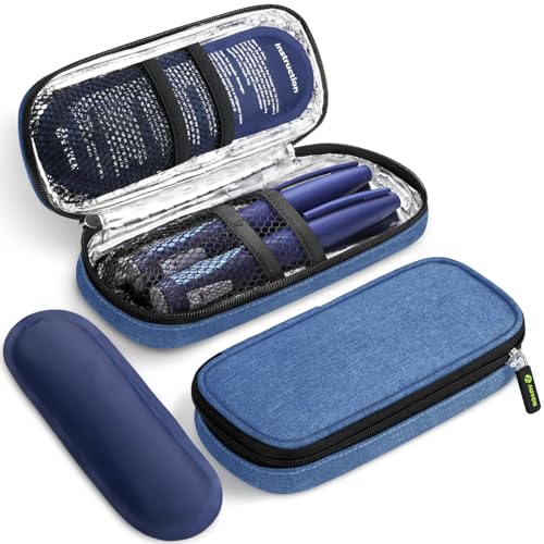 AUVON Insulin Pen Cooler Travel Case with 2 * 90g TSA Approved Ice Packs, Diabetic Medication Insulated Cooling Bag for Insulin Pens and Diabetic Supplies Storage, Compact for Daily Life and Trips - color: Blue