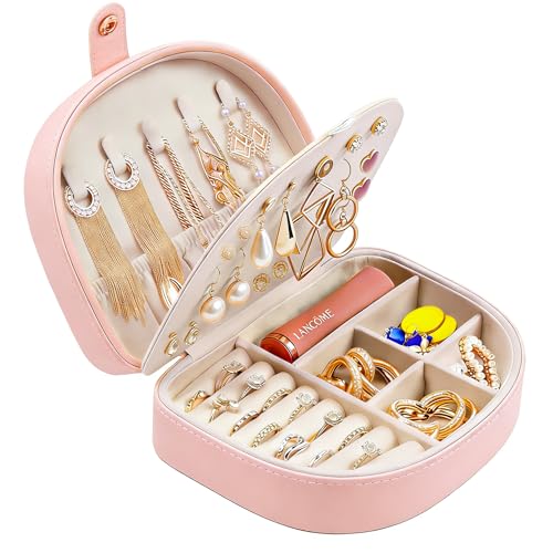 QBestry Travel Jewelry Case for Women Girls, Seashell-Shaped Small Jewelry Box with 40 Earring Holders & 5 Necklace Hooks, Leather Portable Jewelry Organizer for Necklace Ring Earring Travel Case Pink - color: Pink
