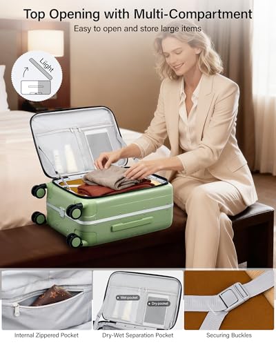 Hanke 26 Inch Large checked Luggage PC Hard Shell luggage Top Opening Aluminum Frame Travel Luggage Suitcases with Wheels for Woman Men.(Bamboo Green) - color: Bamboo Green, size: 26 Inch
