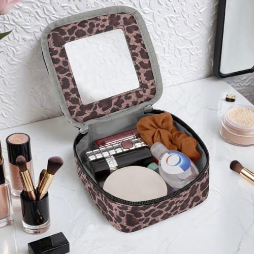 DOB SECHS Mini Leopard Makeup Bag for Purse 5.1'' x 5.1'' Small Makeup Bag for Car Cute Clear Cosmetic Bags with Zipper, Tiny Toiletry Bag Lipstick Organizer Pouch Case Travel Essentials Storage Pouch - color: Brown Leopard