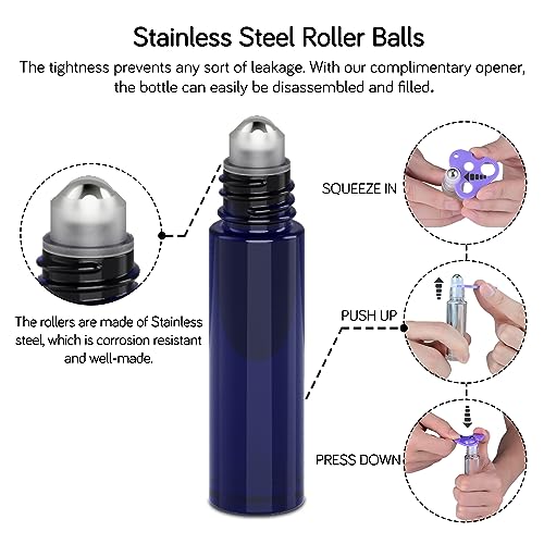 PrettyCare 10 ml 4 Pack Essential Oil Roller Bottles with Stainless Steel Roller Ball - Refillable Leak-proof Empty Thick Blue Glass Roll on Bottles with Black Caps for Travel, Perfume - color: Blue with Black Cap, size: 4 Pack
