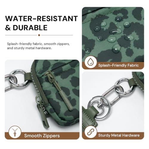Small Nylon Wristlet Wallet for Women, Minimalist Zip Keychain Coin Purse Card Case with Clear ID Window, Water-Resistant Pouch - color: Sage Green Leopard