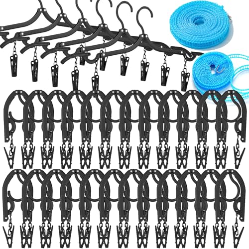24 PCS Travel Hangers,Portable Folding Clothes Hanger,Travel Accessories Foldable Travel Hangers with Clips,Foldable Clothes Drying Rack for Travel,Black Plastic Non Slip Clothing Hangers - size: 24PCS