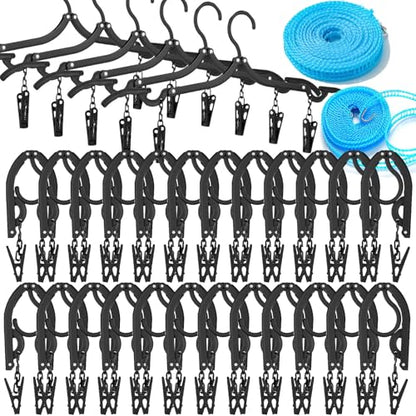 24 PCS Travel Hangers,Portable Folding Clothes Hanger,Travel Accessories Foldable Travel Hangers with Clips,Foldable Clothes Drying Rack for Travel,Black Plastic Non Slip Clothing Hangers - size: 24PCS