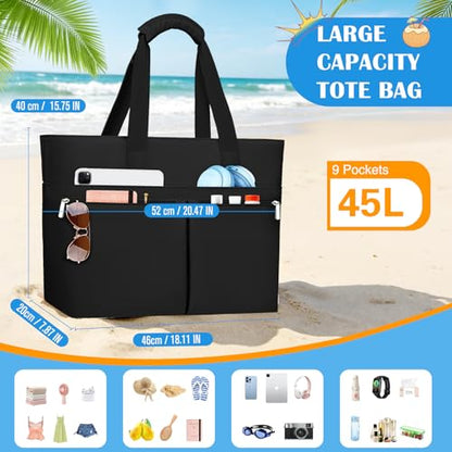 HUANLANG Large Beach Bags for Women Pool Bag with Zipper, Waterproof Sandproof Beach Tote Travel Bag with Wet Pocket - color: Black