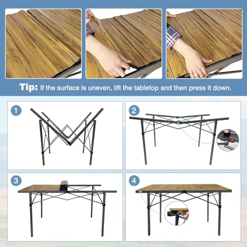 29.9" Tall Folding Camping Table for 2-6 Person, 54.7" Large Aluminum Foldable Roll-up Table Outdoor with Carry Bag for Picnic, Camp, Sturdy, Backyard, Patio - color: Natural