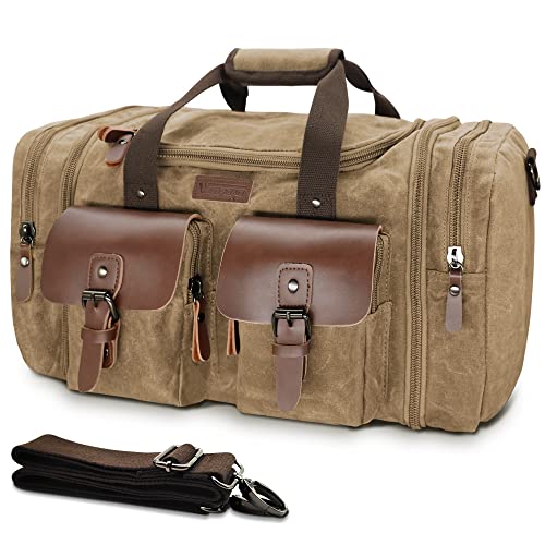 Wildroad Waxed Canvas Genuine Leather 50L Waterproof Duffle Bag - Vintage Travel Weekender Overnight Carry On - color: Vintage Brown, size: Large-50L Duffle Bag