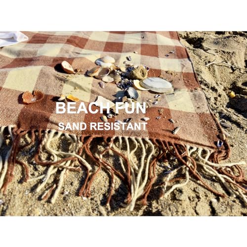 Picnic Blanket Extra Large Waterproof with Strap 59"x79" - Machine Washable Tassels Faux Wool Cashmere for Park, Grass, Camping, Hiking, Concerts (Coffee Plaid, 59"X79") - color: Coffee Plaid