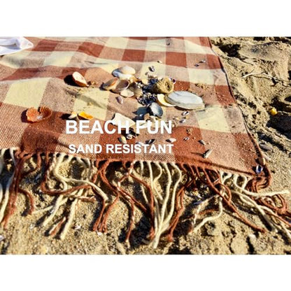 Picnic Blanket Extra Large Waterproof with Strap 59"x79" - Machine Washable Tassels Faux Wool Cashmere for Park, Grass, Camping, Hiking, Concerts (Coffee Plaid, 59"X79") - color: Coffee Plaid