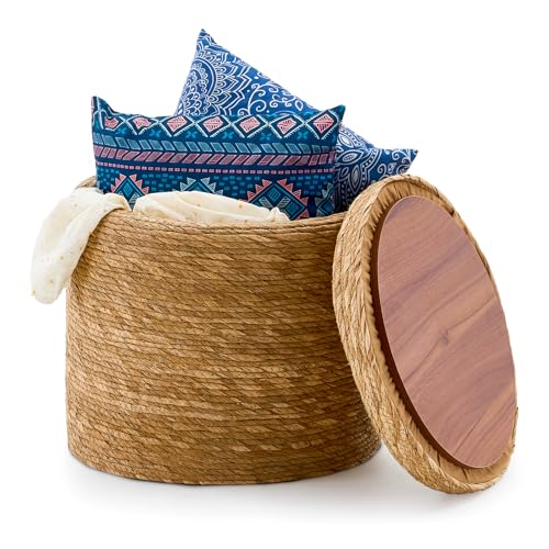 Wimarsbon Round Pouf Ottomans, Handwoven Natural Water Hyacinth Seagrass Pouffe,Outdoor Rattan Stool Accent Seat, Bohemian Coastal Home Decor (Storage - 18inch Natural Cattail) - color: Storage - 18inch Natural Cattail
