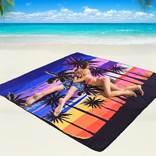 WIWIGO Beach Blanket Waterproof Sandproof Beach Mat 79" X 83"/10'x9'for 2-8 Adults Quick Drying Outdoor Picnic Mat Beach Accessories for Travel, Camping, Hiking - color: Coconut Tree-multicolored, size: 79" X 83"（1-4person）