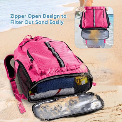 Large Beach Backpack Waterproof Sandproof - Customized Oversized Drawstring Pool Bag with Shoe Compartment for Toiletries, Towels, Gym, Travel - color: Pink