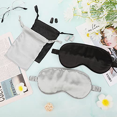 Silk Satin Sleeping Mask Eye Mask Set Include 2 Blindfold Eyeshade Elastic Strap Double Layer Silk Filling Eye Cover 2 Ear Plugs 2 Storage Bags for Women and Men Sleep Travel Nap (Black, Gray) - color: Black, Gray