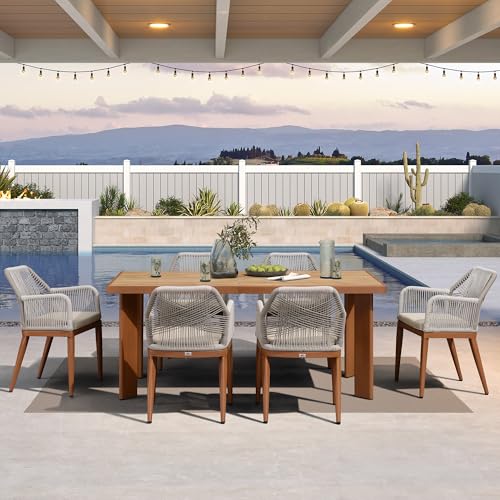 PURPLE LEAF 7 Pieces Patio Dining Set Aluminum Rectangular Table and Rattan Arm Chairs with Cushions for Kitchen Porch Garden Modern Outdoor Furniture Sets - color: Deep Teak-high Armrest, size: 7 PCS, style: Rectangular