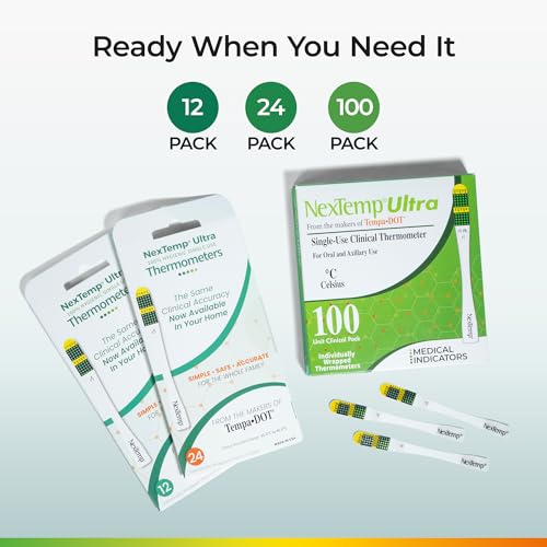 NexTemp Ultra Disposable Thermometer (100-Pack, Celsius) — Oral Thermometer for Adults, Single Use, Battery Free, Hygienic, High Accuracy Readings in 1 Minute, for Home, Clinic & Travel - size: 100 Pack, style: Celsius