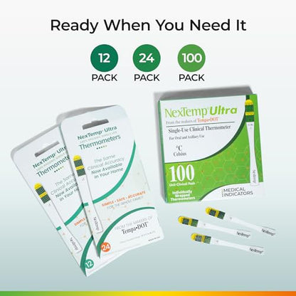 NexTemp Ultra Disposable Thermometer (100-Pack, Celsius) — Oral Thermometer for Adults, Single Use, Battery Free, Hygienic, High Accuracy Readings in 1 Minute, for Home, Clinic & Travel - size: 100 Pack, style: Celsius