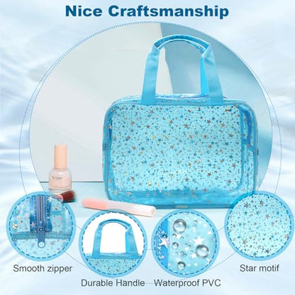 Clear Blue Star Large Makeup Bag with Star Pattern 12x5x8 inch, Travel Cosmetic Bag with Handle, Durable PVC Material Washbag Zipper Opening Design for Makeup Travel Organizer or Gym Use - color: Blue, style: Star