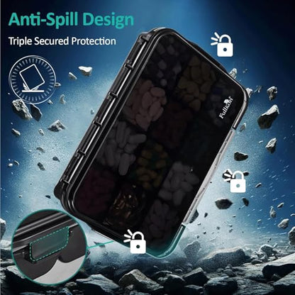 Fullicon Daily Travel Moisture Proof Pill Case with 12 Extra Large Compartment, Pill Organizer with 3 Secured Buckles, Large Supplement Box for Vitamin with Removable Dividers (Black)