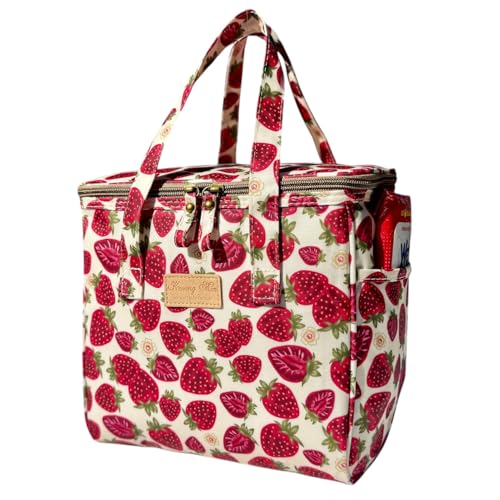 Kwang Min Floral Insulated Lunch Bag for Women,Reusable Lunch Box,Large Cooler for Office,Picnic Outdoors,Premium Quality Waterproof Fabric,Ideal Gift for Outdoors and work (Beige Strawberry) - color: Beige Strawberry