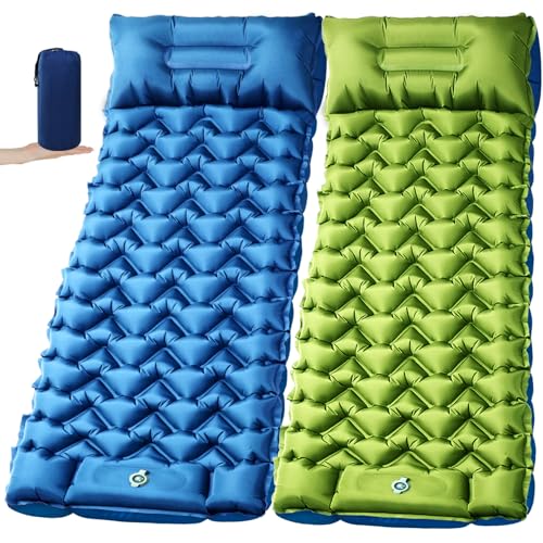 2 Pack Ultralight 4-Inch Camping Sleeping Pad with Built-in Foot Pump, Inflatable Mat for Side Sleepers, Stays Inflated Overnight, Compact for Festivals, Backpacking & Car Camping - color: Green/Blue + Blue