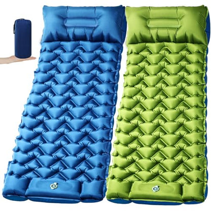 2 Pack Ultralight 4-Inch Camping Sleeping Pad with Built-in Foot Pump, Inflatable Mat for Side Sleepers, Stays Inflated Overnight, Compact for Festivals, Backpacking & Car Camping - color: Green/Blue + Blue