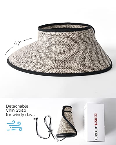 FURTALK Sun Hats for Women Wide Brim Beach Hat Straw Visor Ponytail Summer UV Packable Foldable Beach Vacation Essentials - color: Mix Khaki With Black