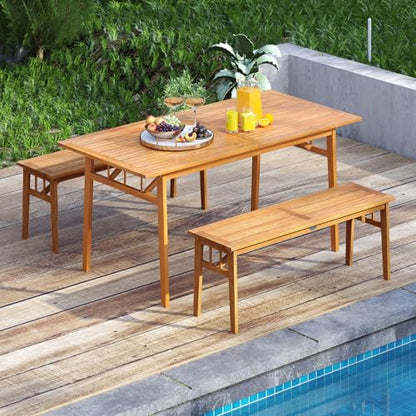 Tangkula 3 Pieces Patio Dining Set, Acacia Wood Space Saving Outdoor Rectangular Picnic Table with 1.97” Umbrella Hole and 2 Benches, for Yard, Garden and Poolside - size: 3 pieces