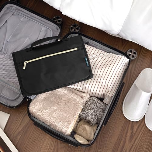 PAVILIA Hanging Toiletry Bag for Women Men, Large Foldable Toiletries Organizer with Hook, Water-Resistant Makeup Cosmetic Rollup Case, Clear Pockets for Bathroom, Gym, Cruise (Black) - color: Black