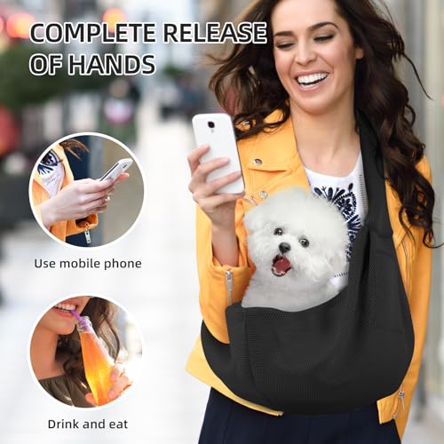 Dog Carrier Sling, Ventilated Breathable Dog Sling Carrier for Small Dogs & Cats, Hands-Free Puppy Carrier Sling for Travel, Comfortable Pet Sling Bag - color: Breathable black
