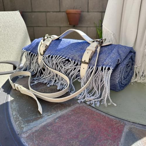Picnic Blanket Extra Large Waterproof with Strap 59"x79" - Machine Washable Tassels Faux Wool Cashmere for Park, Grass, Camping, Hiking, Concerts (Blue with white shoulder strap, 59"X79") - color: Blue With White Shoulder Strap