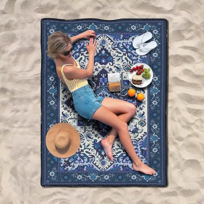 Supfitness Extra Large Picnic Blankets Waterproof Foldable (60"x 80") Beach Blanket Waterproof Sandproof,3-Layer Thicking Mat Outdoor Packable Camping Blanket - color: Boho-dark Blue, size: 60x80in