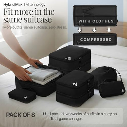 Well Traveled 8 pcs Compression Packing Bags Cubes Set with HybridMax Double-Capacity Design - Packing Cubes for Travel Compression to Maximize Limited Luggage Space, Black - color: Black, size: 8-piece