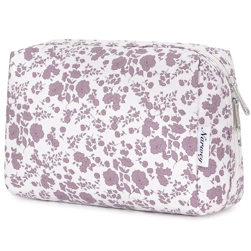Narwey Cute Floral Makeup Bag Travel Cosmetic Bag Organizer Toiletry Bag Make Up Bags with Organized Pocket for Women Girls (Large,Dusty Pink Flower) - color: YA-Dusty Pink Flower, style: Large