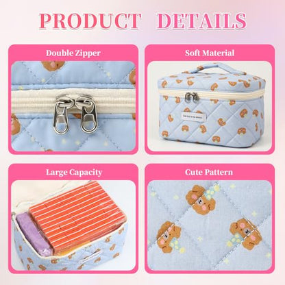 3PCS Coquette Makeup Bag,Quilted Cosmetic Bag Large Make Up Bag Set,Quilted Portable Toiletry Organizer Bag,Cotton Travel Skincare Bag for Women Girls(06-Cute Bear) - style: 06-cute Bear