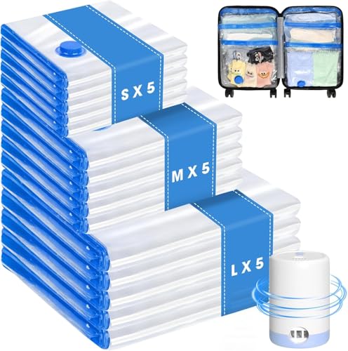 15 Pack Travel Vacuum Storage Bags with Cordless Electric Pump, Combo Rechargeable Space Saver Vacuum Seal Bags for Clothing Travel Vaccine Sealed Storage Bag for Comforters Blankets Clothes