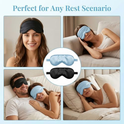 2Pcs Silk Sleeping Mask, Soft Breathable Blackout Eyeshade Comfortable Adjustable Satin Eye Shade for Women Sleep Travel Nap Bridesmaid Gifts (Blue, Black)