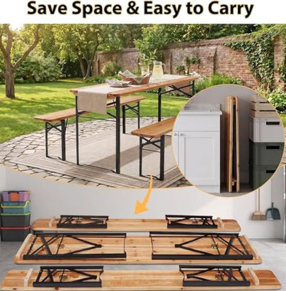 AVAWING 5.8FT 3-Piece Portable Picnic Table Bench Set, 6-8 Person Folding Wooden Dining Table Set，70" Patio Beer Table for Outdoor Activities Garden BBQs Parties Camping