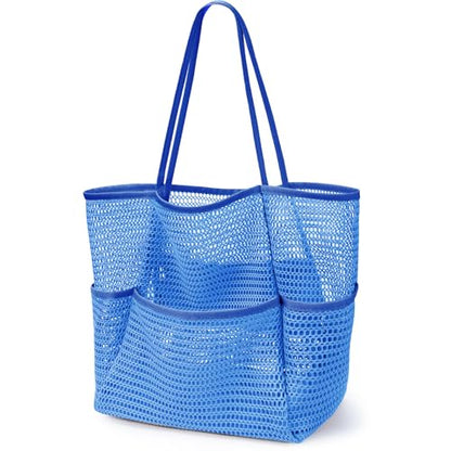 KPX Beach Bag with Mini Pocket, Summer Beach Tote Bags for Women Large Foldable Mesh Swimming Pool Travel Bags - Sandproof - color: Ocean Blue